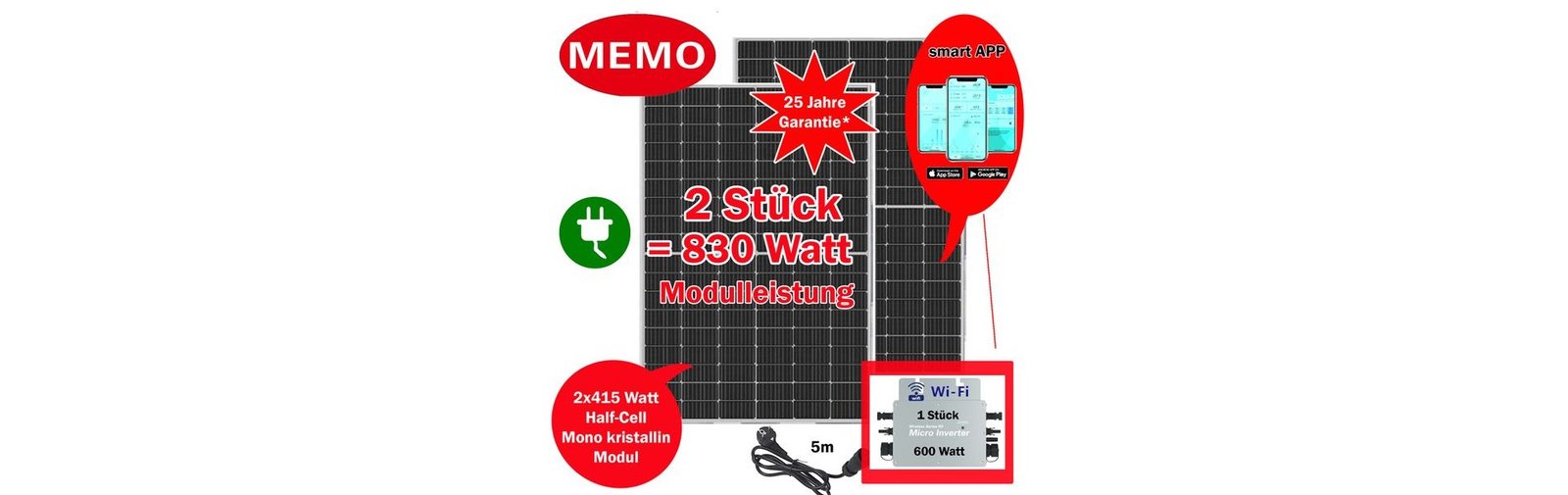 Balkonkraftwerk 830 W - Memmo Europe LTD